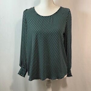 LOFT Petites Green Polka Dot Long Sleeve Smocked Cuff Blouse Top‎